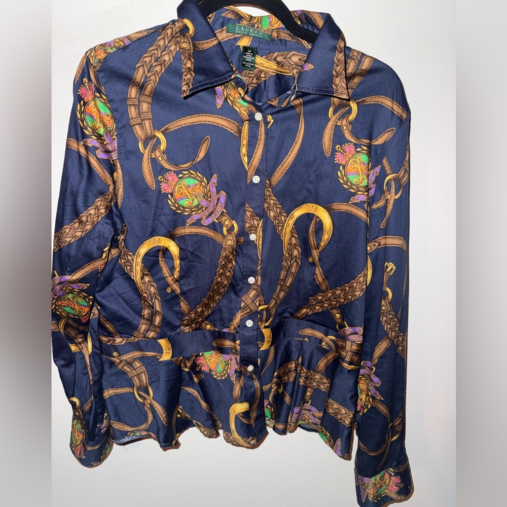 Lauren Ralph Lauren Navy Equestrian Print Shirt Peplum Button Down Long Sleeve